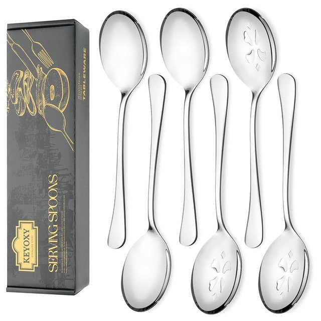 Keyoxy 6 Piece Stainless Steel Serving Spoon Set - 3 Large, 3 Slotted,Dishwasher Safe,10-Inch,for Parties/Kitchen/Buffet/Catering