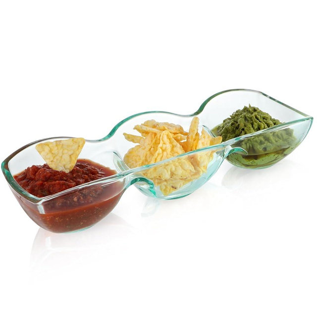 MDLUU Glass Triple Dip Bowl, Divided Appetizer Serving Dish, 3-Compartment Snack Server for Entertaining, Party, Buffet, Event