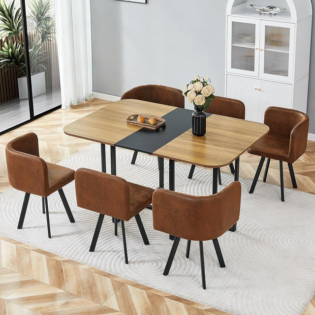 Rejeke 7-Piece Dining Table Set for 6,Modern Dining Table Set for 6 with Cushioned Chairs,59" Wood Kitchen Table Set for Home, Apartment,Office,Conference Room,Small Spaces, Space-Saving
