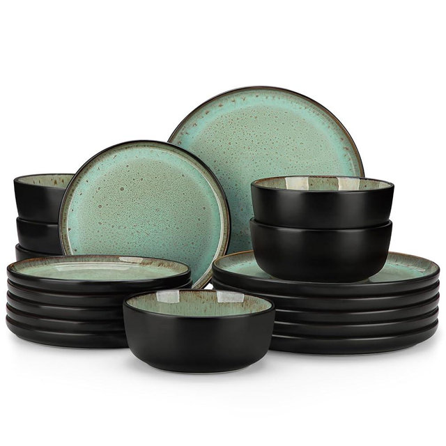 vancasso Plates and Bowls Sets, 18 Pieces Stoneware Dinnerware Sets for 6, Kitchen Dish Set Mircowave and Dishwasher Safe Ceramic Dishware, Turf Green, Series AMBER
