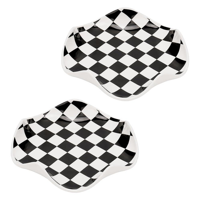 BUNCHBRAVO Checkered Spoon Rest for Kitchen Counter, Pack of 2, Ceramic Stove Top Utensil Rest Dish for Ladles, Spatula or Tong (Black & White)