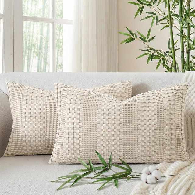 a moment 2 Pack Bamboo Fiber Pillow Covers - Waffle Weave, Ultra Soft & Breathable, Skin-Friendly Cotton Throw Pillow for Couch, Sofa, Bedroom Living Room 12x20 Inch Beige