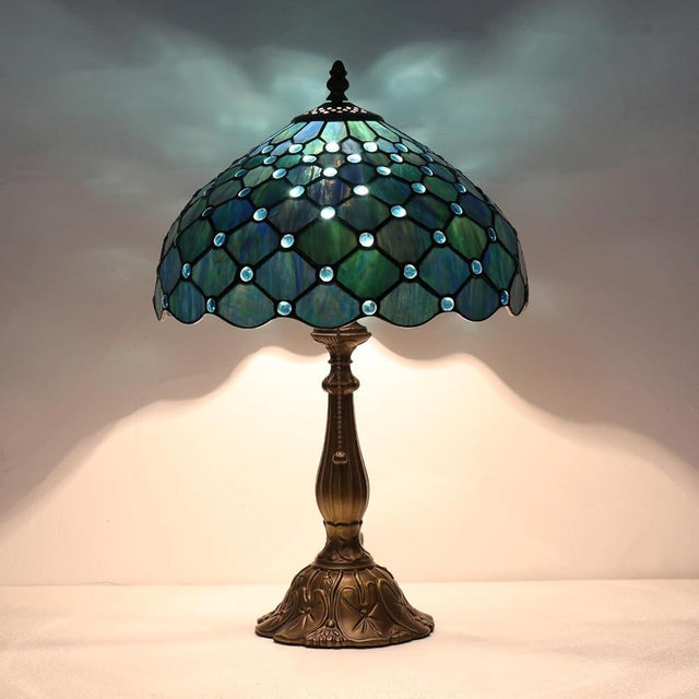 TFNTCYG Tiffany Style Table Lamp,Sea Blue Pearl Table Lamp,12X12X19 Inch Tiffany Reading Light, Antique Glass Desk Decor Lamp.