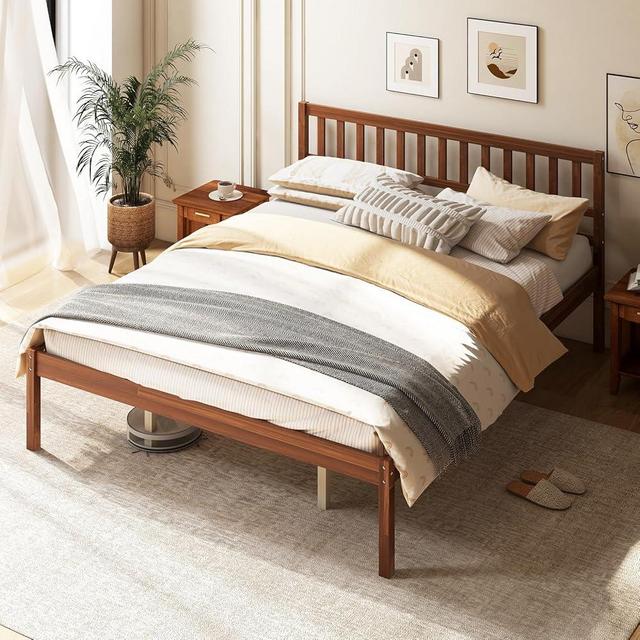 Giantex Queen Wood Platform Bed Frame with Headboard, Mid Century Solid Wood Bed Frame with Slat Support, No Box Spring Needed, 16" Under Bed Storage, Walnut Bed Frame Queen