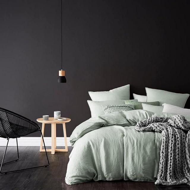 Eikei Washed Cotton Chambray Duvet Cover Solid Color Casual Modern Style Bedding Set Relaxed Soft Feel Natural Wrinkled Look (Celadon, Super King)