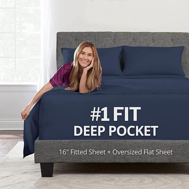 Deep Pocket Queen Bed Sheets – 4-Piece Includes: Real 16” Inch Extra Deep Pocket Fitted Sheet [Best-Fit for 14”-18 Mattress] – Oversize Flat Sheet – 1 Zipper Closure Pillowcase – Navy Dark Blue