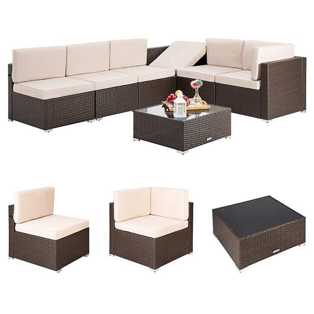 Pamapic 7 Pieces Outdoor Sectional, Wicker Patio Sectional Sofa Conversation Set, Rattan Sofa with Coffee Table and Washable Cushions Covers, Brown Rattan(Beige Cushions)…