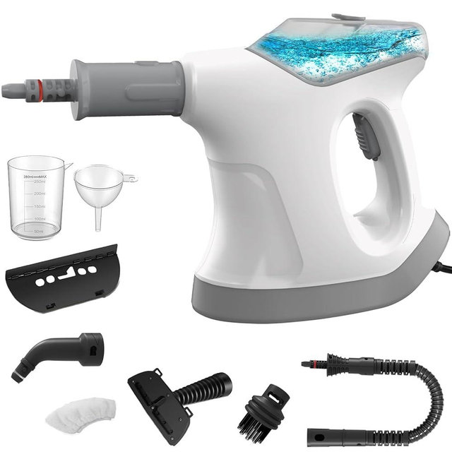 Handheld Steam Cleaner for Home, 10S Immediate Heat Hand Held Steam Cleaner, with Visualized Large Water Tank & 9 PCS Accessories & Safety Lock, for Kitchen,Couch,Floor,Window,Car (GREY+WHITE)
