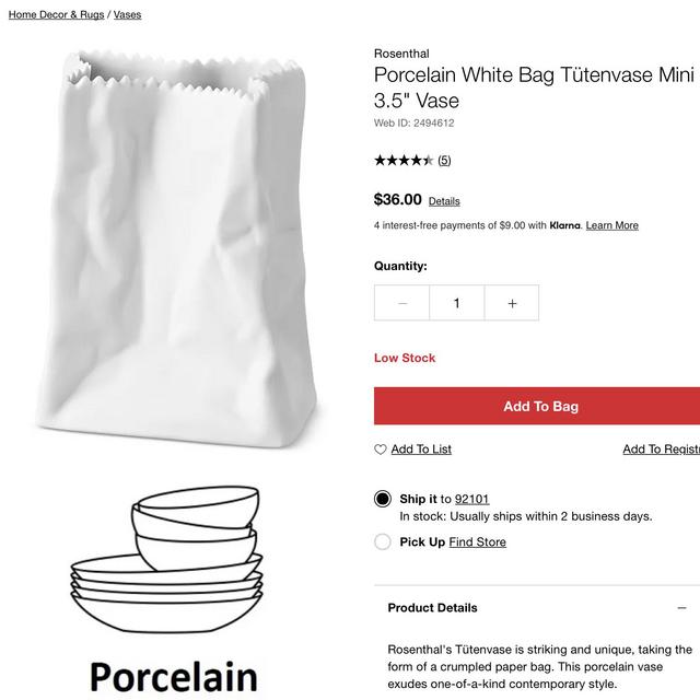 Rosenthal Porcelain White Bag Tütenvase Mini 3.5" Vase
