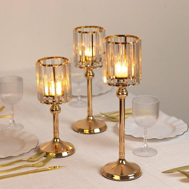 Efavormart 3-Piece Crystal Hurricane Candle Holder Set, Gold Metal Pillar Candle Stand with Glass Cylinder Shade – 11", 13", 15" Wedding Table Centerpieces
