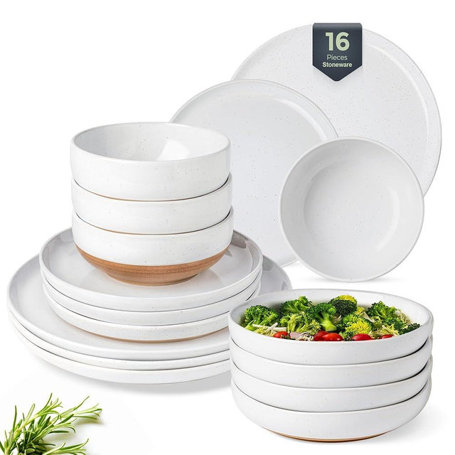AmorArc 16 Pieces Ceramic Dinnerware Sets for 4, Handpainted Plates and Bowls Set with Rustic Terracotta Underside, Scratch Resistant Stoneware Dishes Set, Dishwasher & Microwave Safe, White