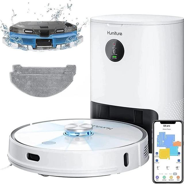 HONITURE Robot Vacuum and Mop Combo, Self Emptying Vacuum Cleaner with 3500Pa Max Suction, Robotic Vacuum Cleaner with LiDAR Navigation, Good for Pet Hair, Carpets, Hard Floors, Self-Charging, Q6 Pro