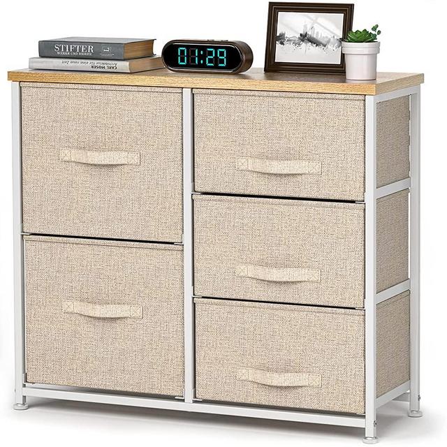 Pipishell Fabric Dresser, 5 Drawer Storage Chest Tower, Organizer Unit for Bedroom, Hallway, Entryway, Closets and Living Room -Sturdy Steel Frame, Wood Top, Easy Pull