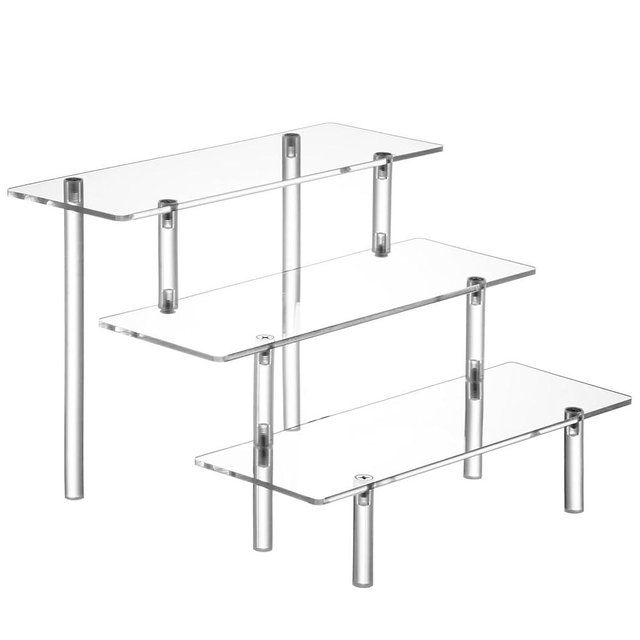 HENABLE Acrylic Display Risers, Acrylic Perfume Stand Organizer, Clear Shelf Risers for Display Stands for Food, Tabletop Use, Amiibo Funko POP Figure, 3 Tier Clear Cupcake Stand Risers