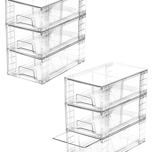 6 Pack Stackable Storage Drawers,Plastic Organizers Bins, Drawers Storage with Handles and Movable Dividers for Organization and Storage in Fridge,Bathroom, Pantry, Kitchen Cabinets, Under Sink