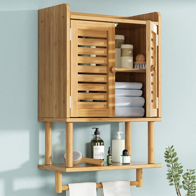 AmazerBath Bathroom Wall Cabinet, Bamboo Medicine Cabinets with Towel Bar, 2 Doors Wall Mounted Small Storage Cabinet, Over The Toilet Storage with Adjustable Shelves for Kitchen Laundry Room