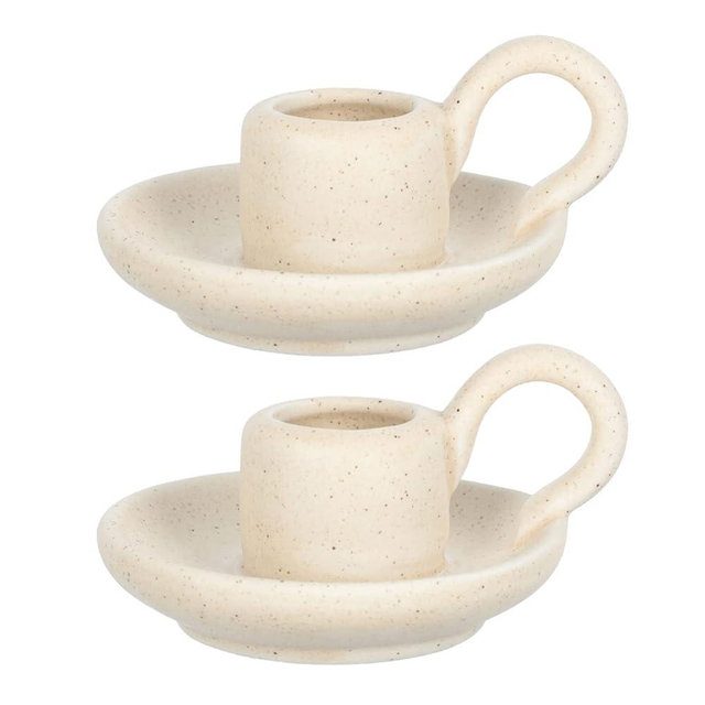 DOITOOL 2Pcs Ceramic Candle Holder Candlestick Holder with Handle, Taper Candle Stand Candlelight Stand Holder Decorative Candle Display Holder for Desktop Dining Room Home Decoration Display (Beige)