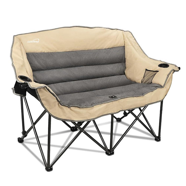 2 Person Fully Padded Camping Chair Oversized Loveseat Camping Chair Double Camping Chairs for Adults Heavy Duty Outdoor Camping Couch, Padded Seats & Armrests, 600Lbs, Beige