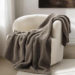 EVERGRACEHOME Chunky Chenille Knit Throw Blanket for Couch, Soft Luxurious Moss Stitch Blankets for Bed, Cozy Decorative Farmhouse Knitted Throws for Sofa, Mocha Brown, 50" x 60"