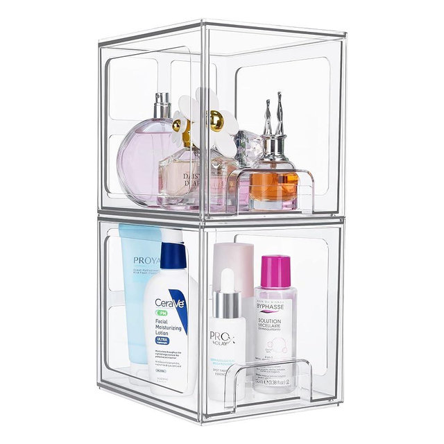 Vtopmart 2 Pack Stackable Storage Drawers, 6.6''Tall Acrylic Bathroom Makeup Organizers,Clear Plastic Storage Bins For Vanity, Undersink, Kitchen Cabinet,Pantry Organization and Storage