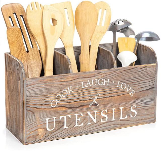 Kitchen Utensil Holder Wooden Farmhouse for Home Decor Rustic Utensils Countertop Organizer for Kitchen Counter Wood Cooking Tools Storage Holder (Wooden Utensil Holder)