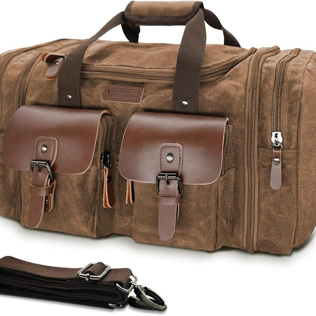 Wildroad Waxed Canvas Duffle Bag - 60L Waterproof Genuine Leather Weekender Overnight Travel Hand Bag
