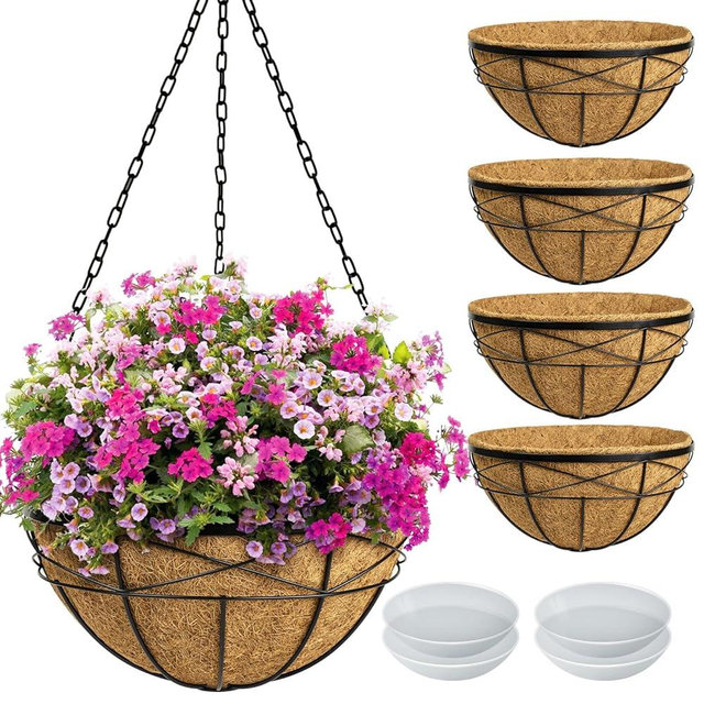 Karlliu 4 Pack 20 Inch Hanging Planters Baskets for Outdoor Plants Extra Large Deep Hanging Baskets with Natural Coconut Liner Flower Pots for Porch Balcony Garden Decor