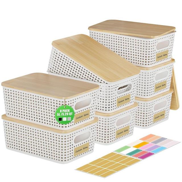 AHOMSEL 8 PCS Plastic Storage Bins with Bamboo Lid, Stackable Storage Bins with Lids & Labels for Organizing, Storage Bins for shelves, Closet, Office, Drawer, Cabinet & Pantry,Nursery Organization