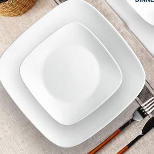Corelle Vitrelle 18-Piece Service for 6 Square Dinnerware Set Triple Layer Glass and Chip Resistant, Lightweight Square Plates and Bowls Set, Pure White