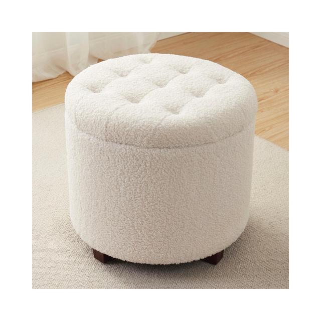 Ornavo Home Donovan Round Tufted Boucle Storage Ottoman - White
