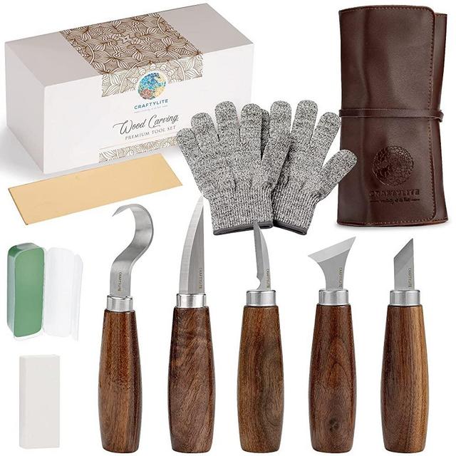 Craftylite Wood Carving Tools Set of 5 Knives - Premium Whittling Tools Kit for Beginners and Professionals - Genuine Cowhide Leather Case for Safe Storage