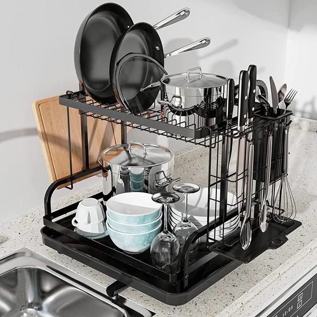 Sakugi Dish Drying Rack - Compact Dish Rack for Kitchen Counter with a Cutlery Holder, Durable Stainless Steel Kitchen Dish Rack for Various Tableware, Dish Drying Rack with Easy Installation, Black