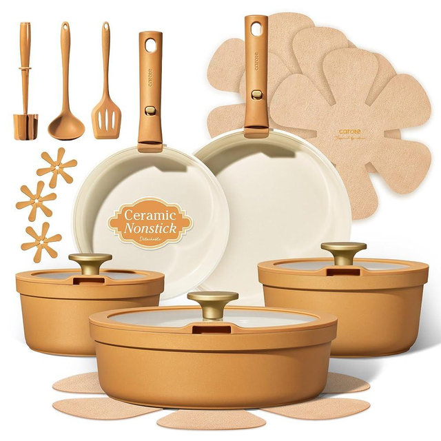 Carote 20pcs Ceramic Cookware Set with Detachable Handles, Pots and Pans Set Non Stick, RV Kitchen Cooking Pot and Pan, Dishwasher Safe, Non-toxic Induction Cookware PFAS and PFOA Free,Orange