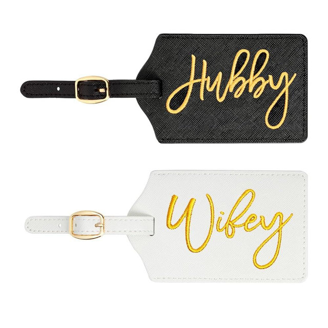 Couples Luggage Tags Set, PU Leather Embroidered Bag Tags for Suitcases & Travel Bags, Matching Travel Tag Wedding Gift (Hubby Wifey-Black White Gold)