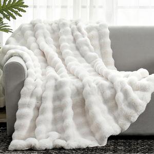 Cozy Bliss Faux Fur Throw Blanket for Couch, Fuzzy Soft Plush Thick Bubble Blanket for Sofa Bedroom Living Room, 50 * 60 Inches Cream White