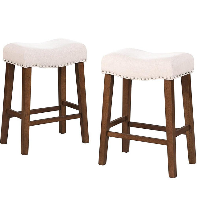 Larksperal 26" Counter Height Bar Stools - Modern Backless Kitchen Island Saddle Barstools Chairs with Footrest, Solid Wood Legs & Nailhead Trim Linen Fabric Cushion, Beige, Set of 2