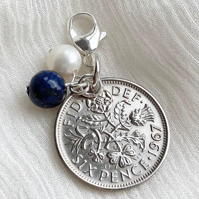 Something Old New Borrowed Blue Sterling Silver Bridal Charm, Bridal Shower Gift, Silver Sixpence Bouquet Charm for Bride