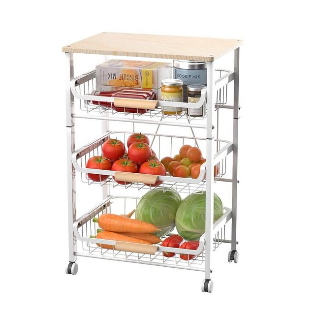 JAQ Pull-Out Fruit Basket, 4-Tier Slide Out Metal Storage Baskets Carts Organizers Drawers with Wood Top and Handle with Rolling Wheels for Snacks Vegetables in Kitchen -(White, 4 Layer)