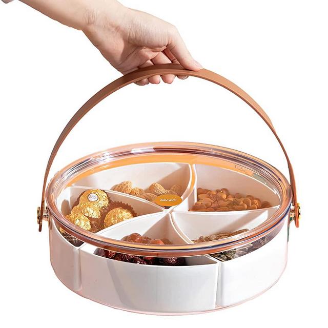 amokk Divided Serving Tray with Lid & Handle Storage Container - 5 Plastic Compartment Platters - for Candy, Fruits, Nuts, Snacks Parties Entertaining (Transparent)