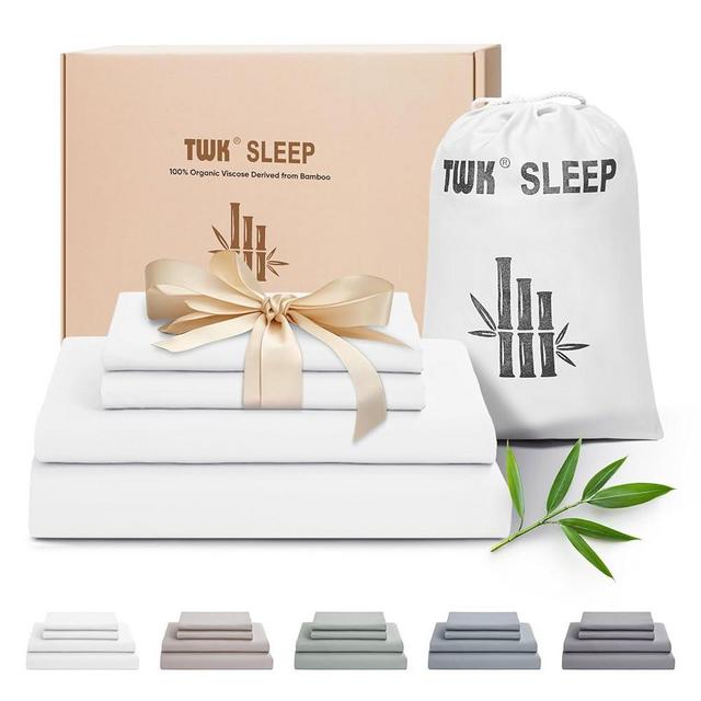 TWK Luxury Sheet Set, Genuine 100% Organic Viscose Derived from Bamboo, Cooling & Breathable, Silky Soft, Bedding Sheets & Pillowcases (White, Queen)