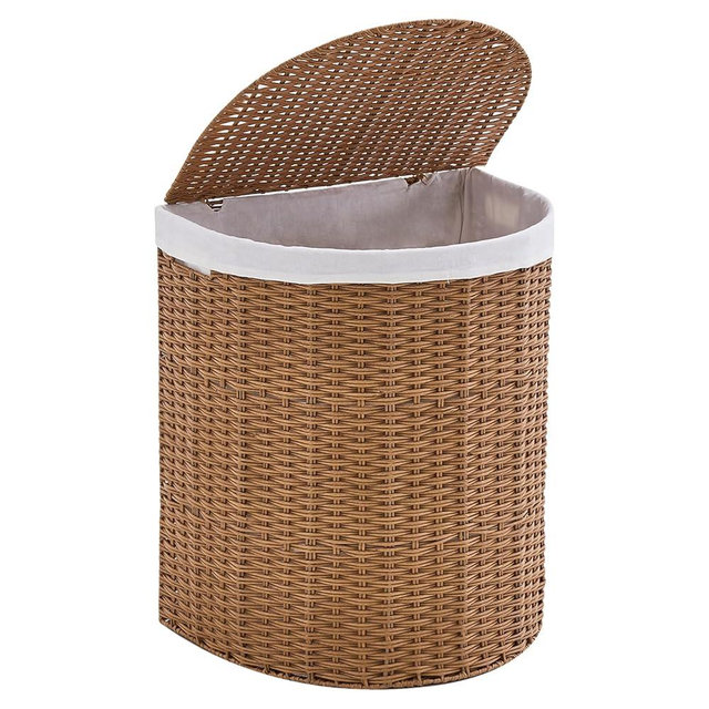 LGENHOOM Wicker Half Moon Laundry Basket with Lid and 2 Replaceable Liner Bags, Handwoven Rattan Hamper for Dirty Clothes, Rattan, 120L