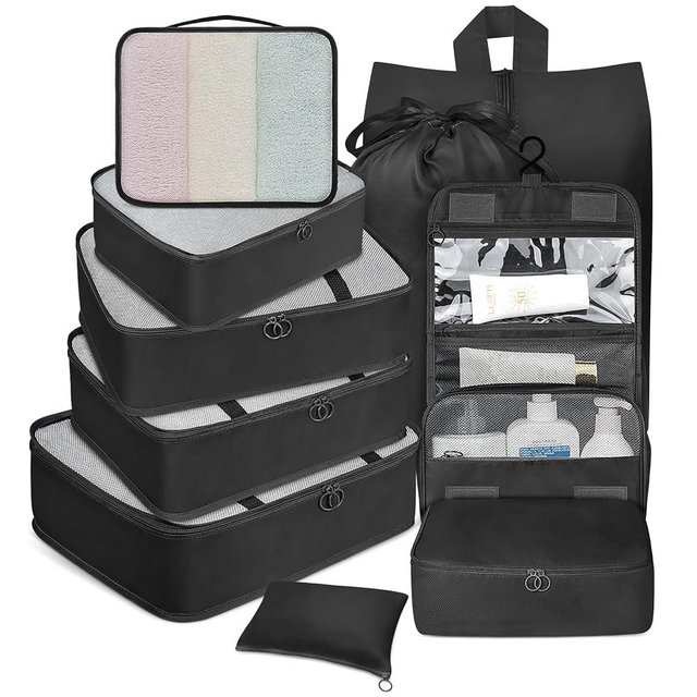 10 Set Packing Cubes for Travel, Luggage Organizer Bags with Hanging Toiletry Bag and Shoe Bag, Travel Packing Cubes for Carry on Suitcase Luggage Accessories Vacation Essentials (Black)