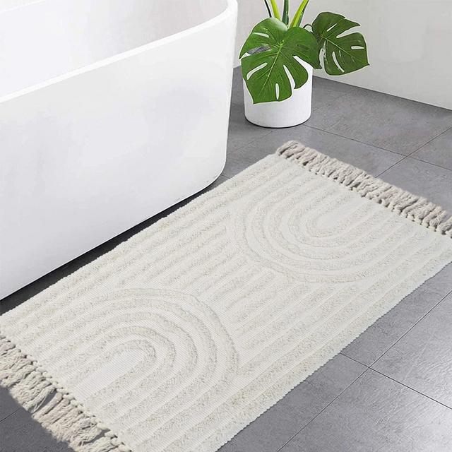 LEEVAN Boho Bathroom Rugs 2'x3' Hand Woven Tufted Rainbow Rug with Tassels Washable Beige Bath Mat Bohemian Kitchen Runner Rug Farmhouse Cotton Entryway Rug for Bedroom/Laundry Room Accent Throw Rug