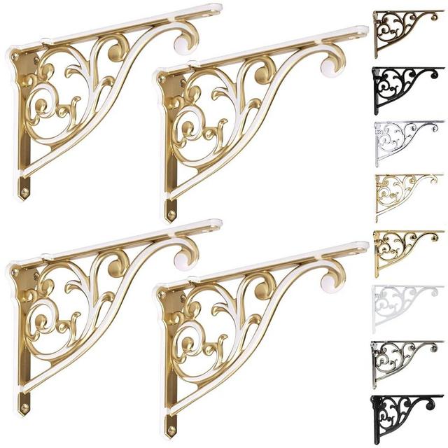 cast iron Shelf Brackets 8 Inch 4PCS Heavy Duty Antique Golden White Wall Bracket Baroque kitchen decorative rack shelves, victorian shelf brackets. (4, Antique Golden White)