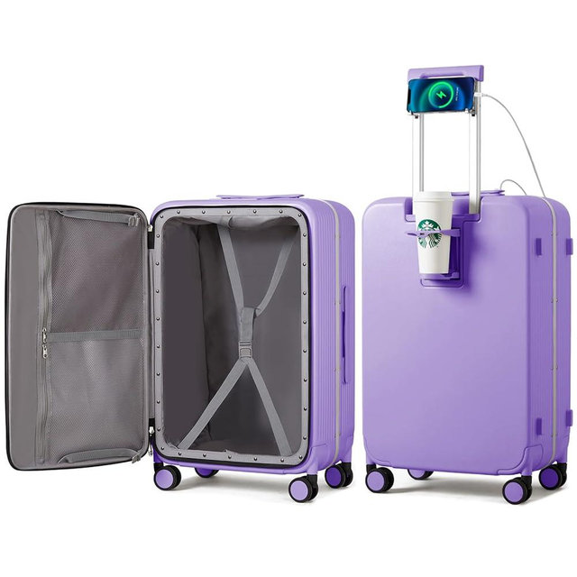 mixi Large Checked Luggage with Cup Phone Holder and Charger Hard Shell Suitcases with Spinner Wheels, 26 Inch Lilac Purple
