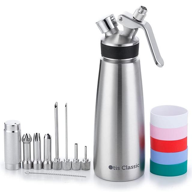 Whipped Cream Dispenser Stainless Steel - Professional Whipped Cream Maker - Gourmet Cream Whipper - Large 500ml / 1 Pint Canister - 3 Decorating Nozzles, 4 Injector Tips and 5 Colored Silicone Grips
