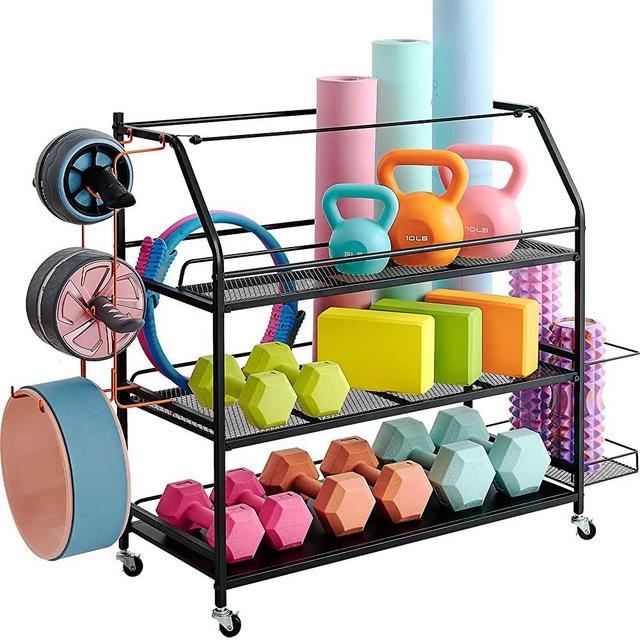 Staransun Home Gym Storage Rack - Weight Rack for Dumbbells - Yoga Mat Storage Rack with Two Extra Side Storage Space - Garage Storage with Caster Wheels - Workout Equipment Organizer - Easy Assemble
