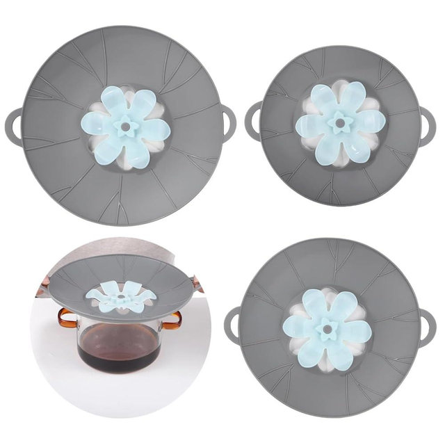 3 Pcs Silicone Spill Stopper Lids, 3 Sizes Splatter Covers, Reusable Lids with Flower Vent, Universal Pot Covers, Boil-Over Protectors, Safe for Microwave, Oven, Stovetop, Dishwasher