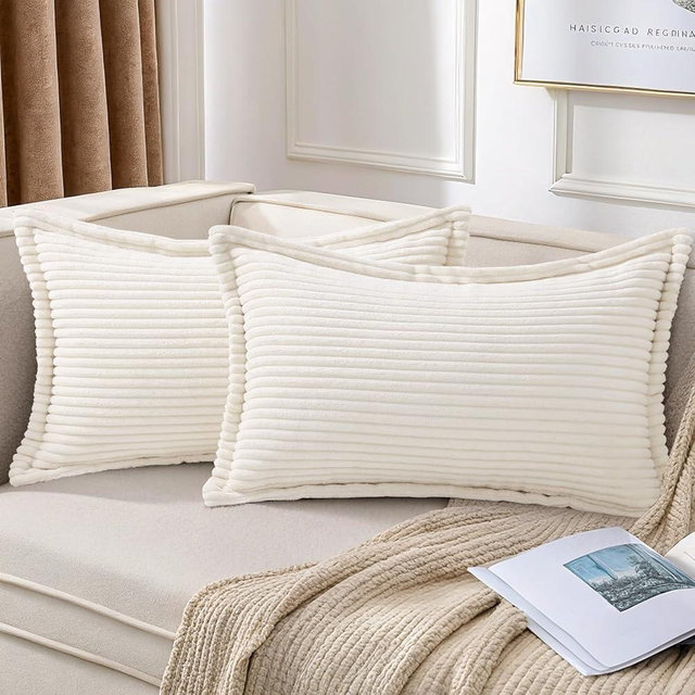 Mecatny Corduroy Throw Pillow Covers 12x20 Set of 2, Neutral Decorative Soft Boho Lumbar Couch Pillow Covers with Broadside for Sofa Living Room, Cream White