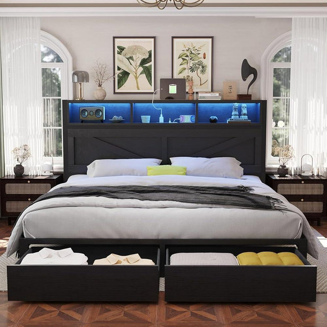 Fastroby Farmhouse King Bed Frame with Bookcase Headboard and Storage Drawers, LED Lights and Charging Station, No Box Spring Needed, Noise Free, Black